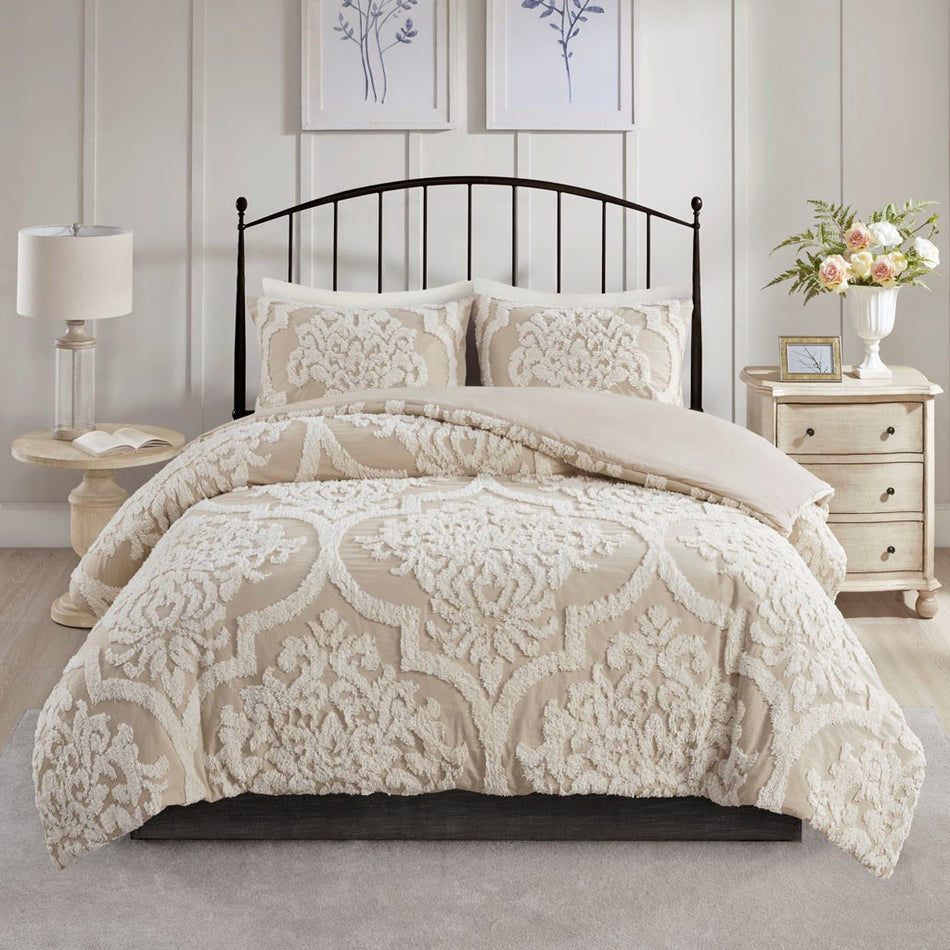 Viola 3 piece Tufted Cotton Chenille Damask Duvet Cover Set - Taupe - King Size / Cal King Size