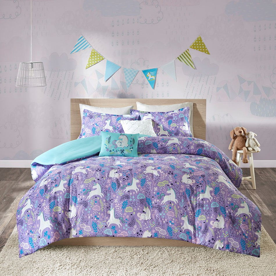 Lola Unicorn Cotton Duvet Cover Set - Purple - Full Size / Queen Size