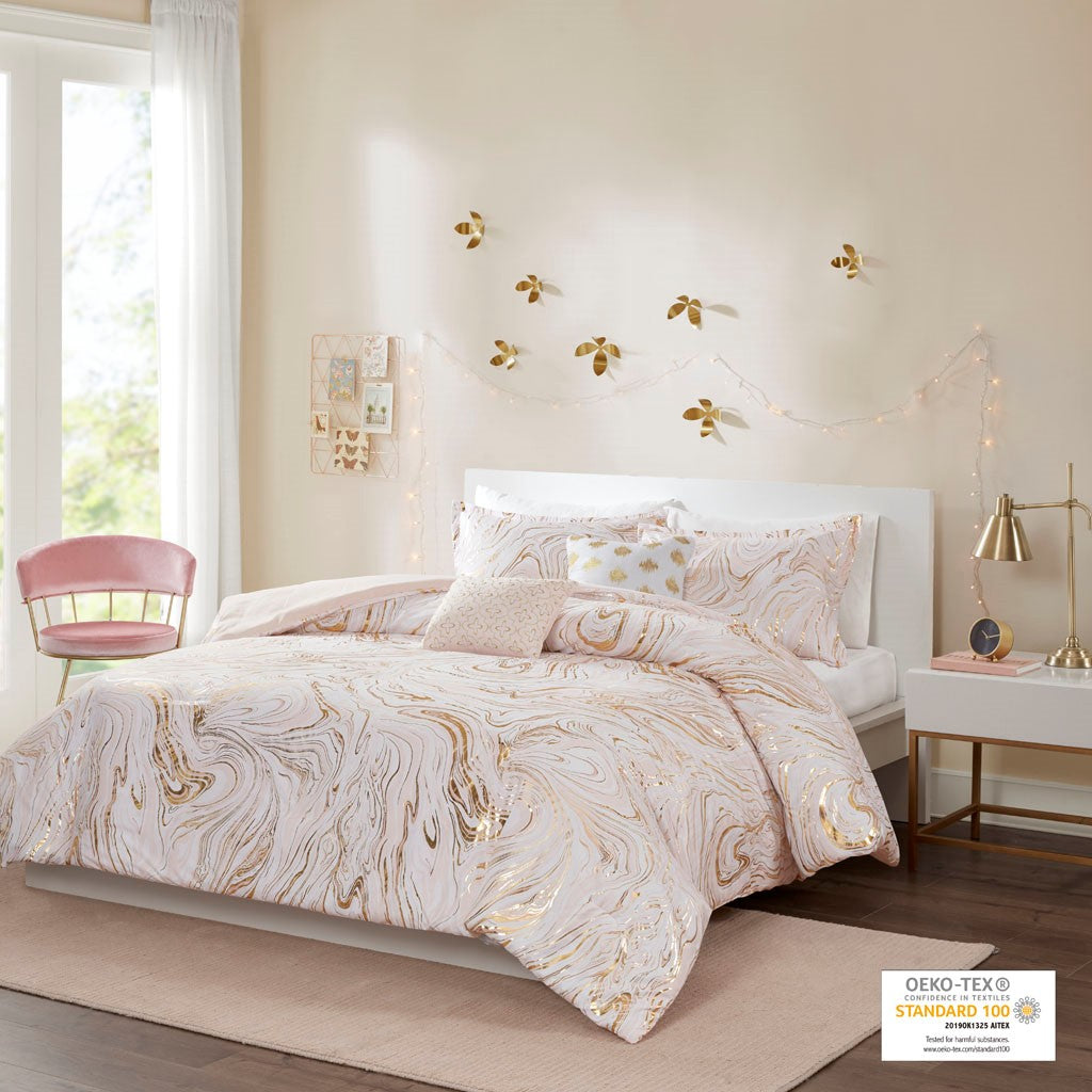 Intelligent Design Rebecca Metallic Printed Comforter Set - Blush / Gold - Full Size / Queen Size