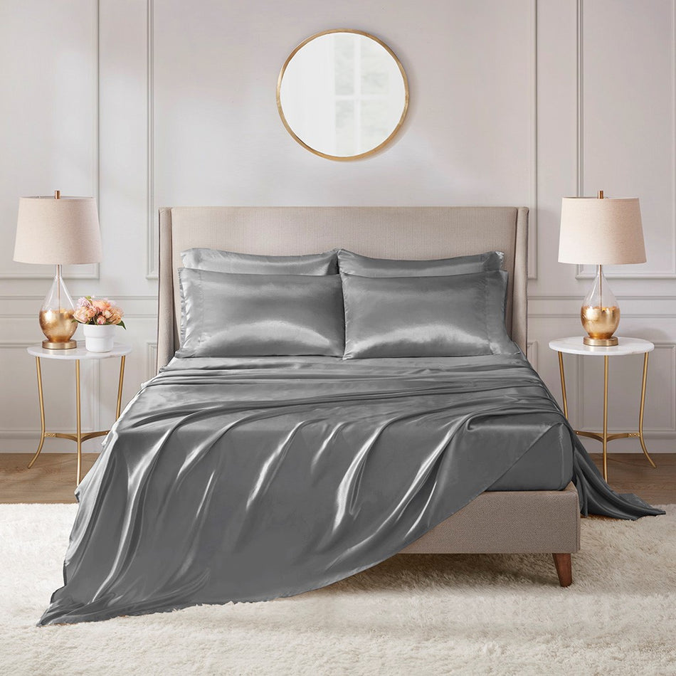 Madison Park Essentials Satin Luxury 6 PC Sheet Set - Grey - Cal King Size