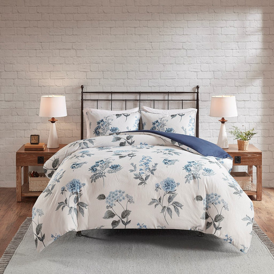 Zennia 3 Piece Printed Seersucker Duvet Cover Set - Blue - King Size / Cal King Size