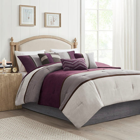 Madison Park Palisades 7 Piece Faux Suede Comforter Set - Purple - Queen Size