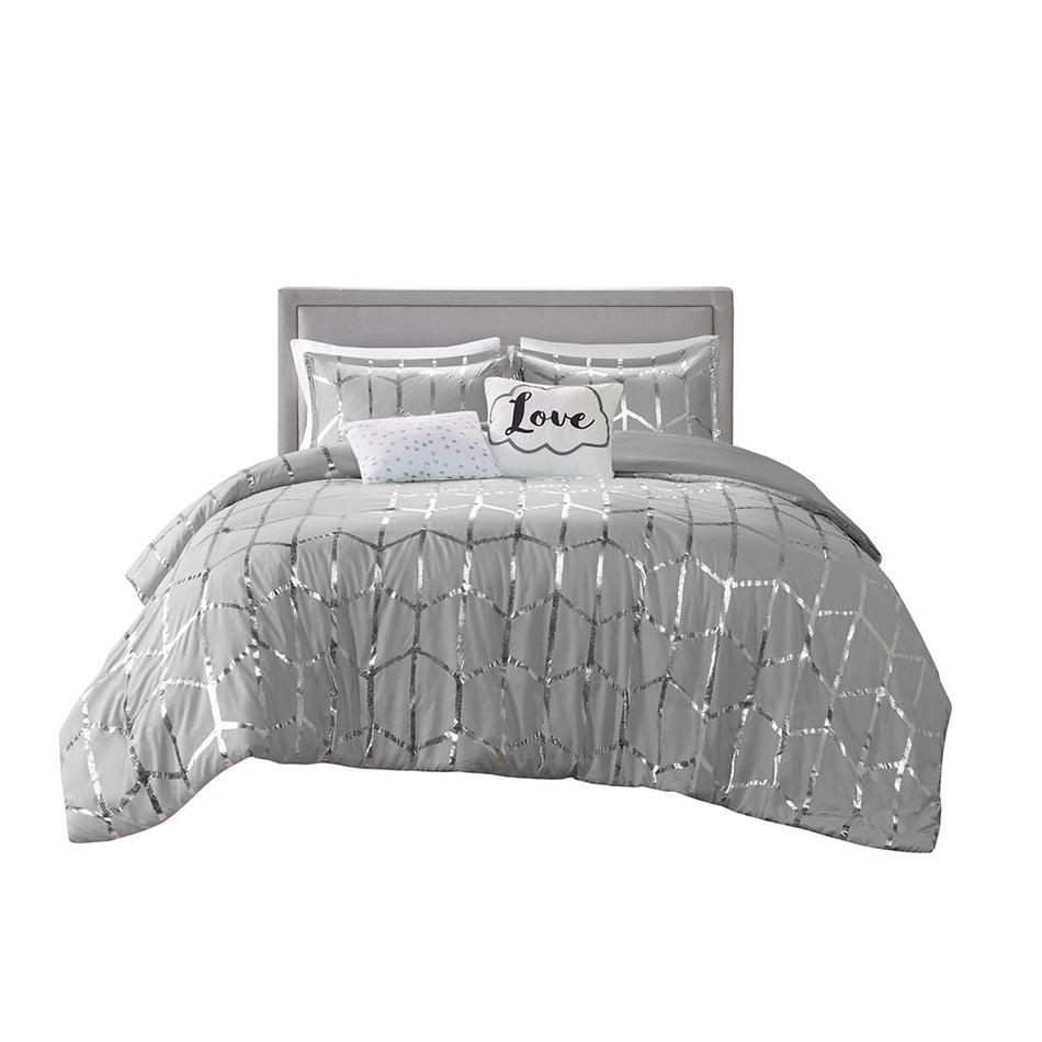 Raina Metallic Printed Comforter Set - Grey / Silver - Twin Size / Twin XL Size