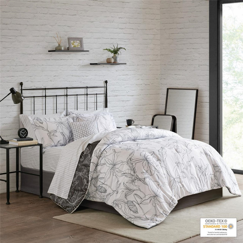 Lilia 9 Piece Reversible Comforter Set with Cotton Bed Sheets - White / Charcoal - Full Size