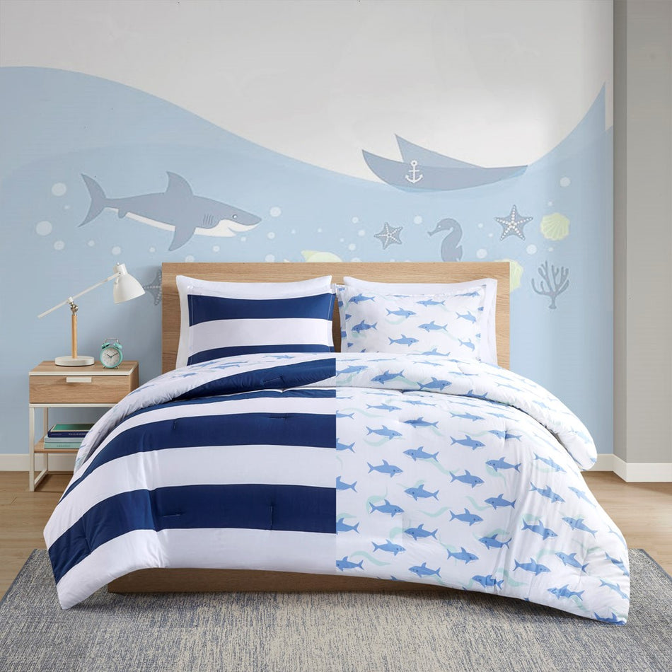 Sammie Cotton Cabana Stripe Reversible Comforter Set with Shark Reverse - Navy - Twin Size