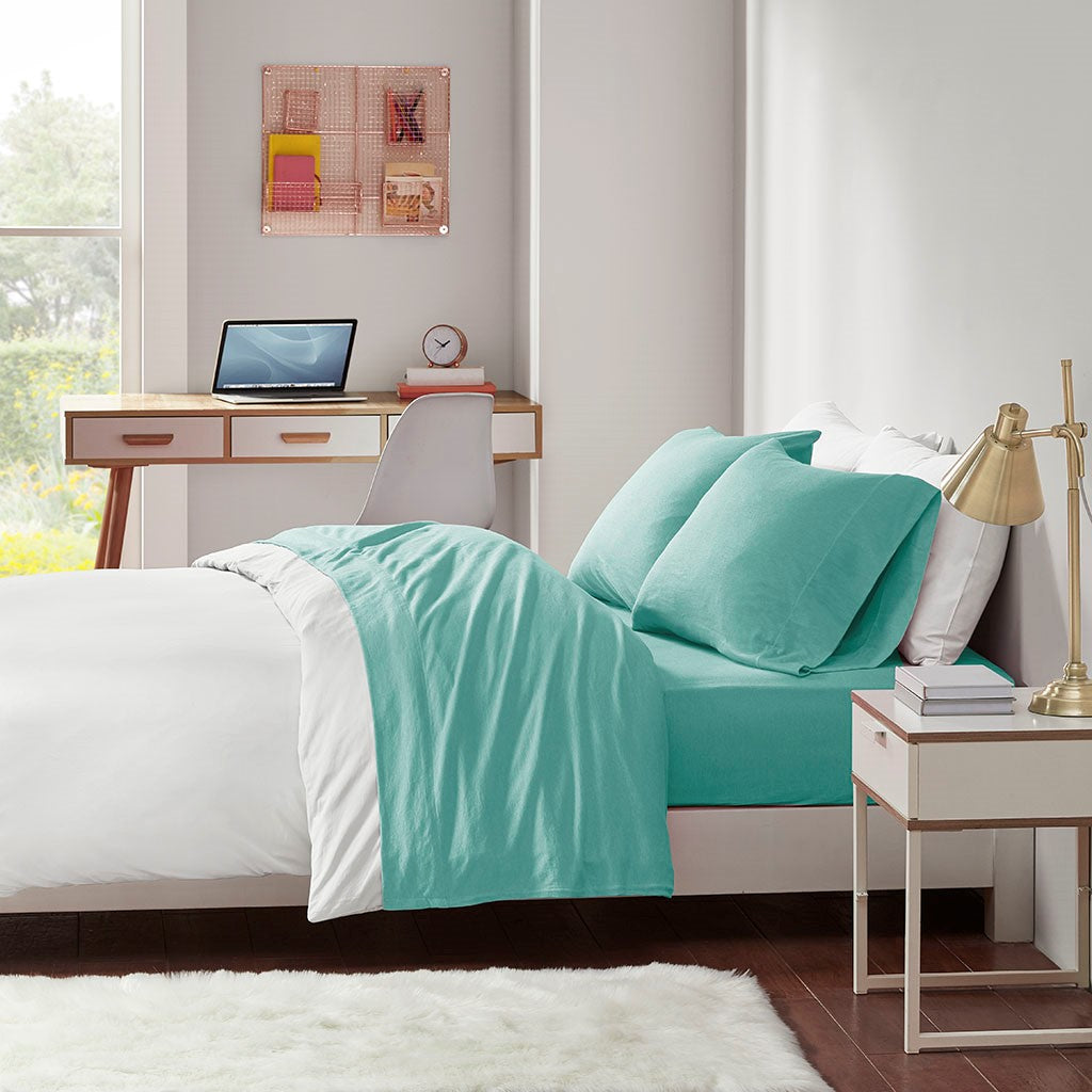 Intelligent Design Cotton Blend Jersey Knit All Season Sheet Set - Aqua - Queen Size