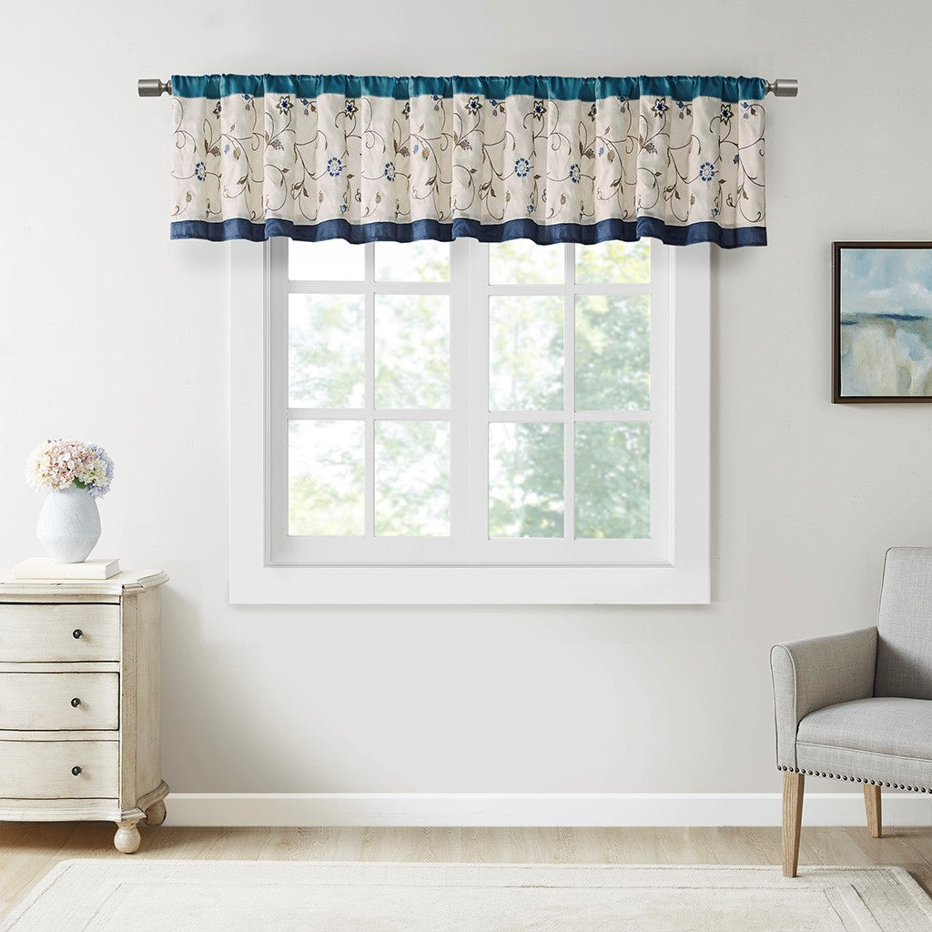 Madison Park Serene Embroidered Window Valance - Navy - 50x18"