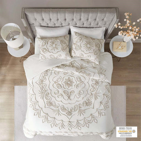 Madison Park Violette 3 Piece Tufted Cotton Chenille Duvet Cover Set - Ivory / Taupe - King Size / Cal King Size