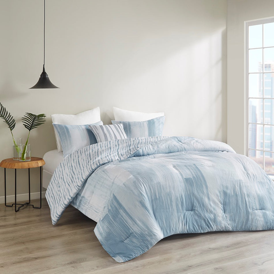 Brush Stroke 4 Piece Oversized Reversible Seersucker Comforter Set - Blue - King Size