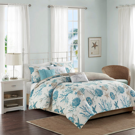 Madison Park Pebble Beach 6 Piece Cotton Sateen Duvet Cover Set - Aqua - King Size / Cal King Size