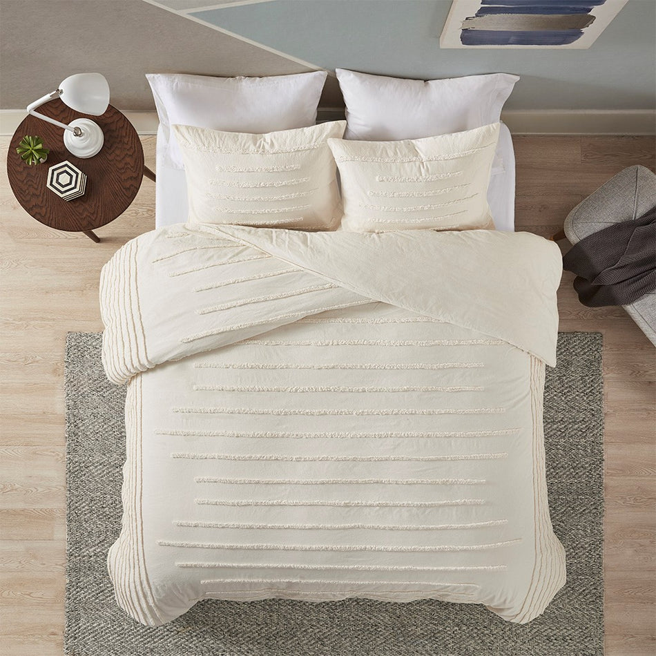 Mercer 3 Piece Cotton Chenille Duvet Cover Set - Ivory - Full Size / Queen Size