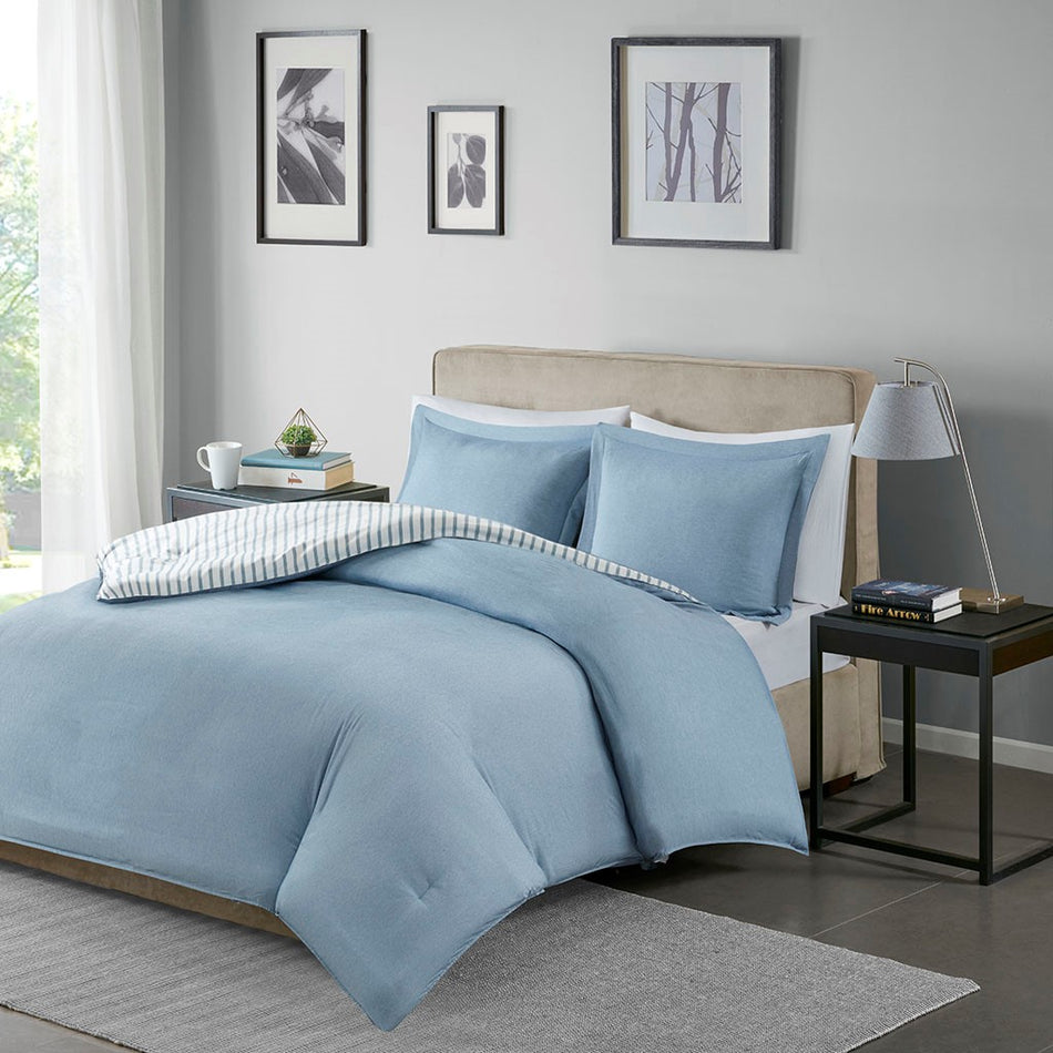 Hayden Reversible Yarn Dyed Stripe Duvet Cover Set - Blue - Twin Size