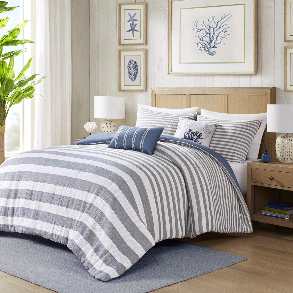 Harbor House Brooks 5 Piece Cotton Stripe Duvet Cover Set - White / Blue - King Size / Cal King Size