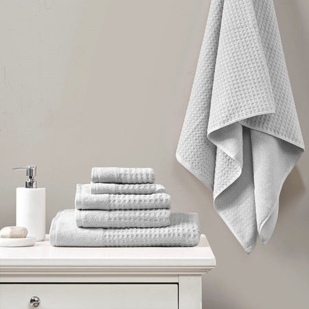 Madison Park Spa Waffle Cotton Waffle Jacquard Antimicrobial Bath Towel 6 Piece Set - Grey 