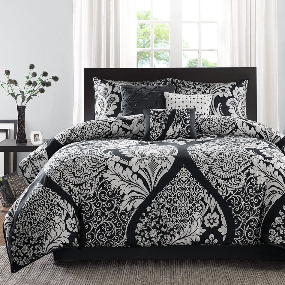 Vienna 7 Piece Cotton Printed Comforter Set - Black - Queen Size