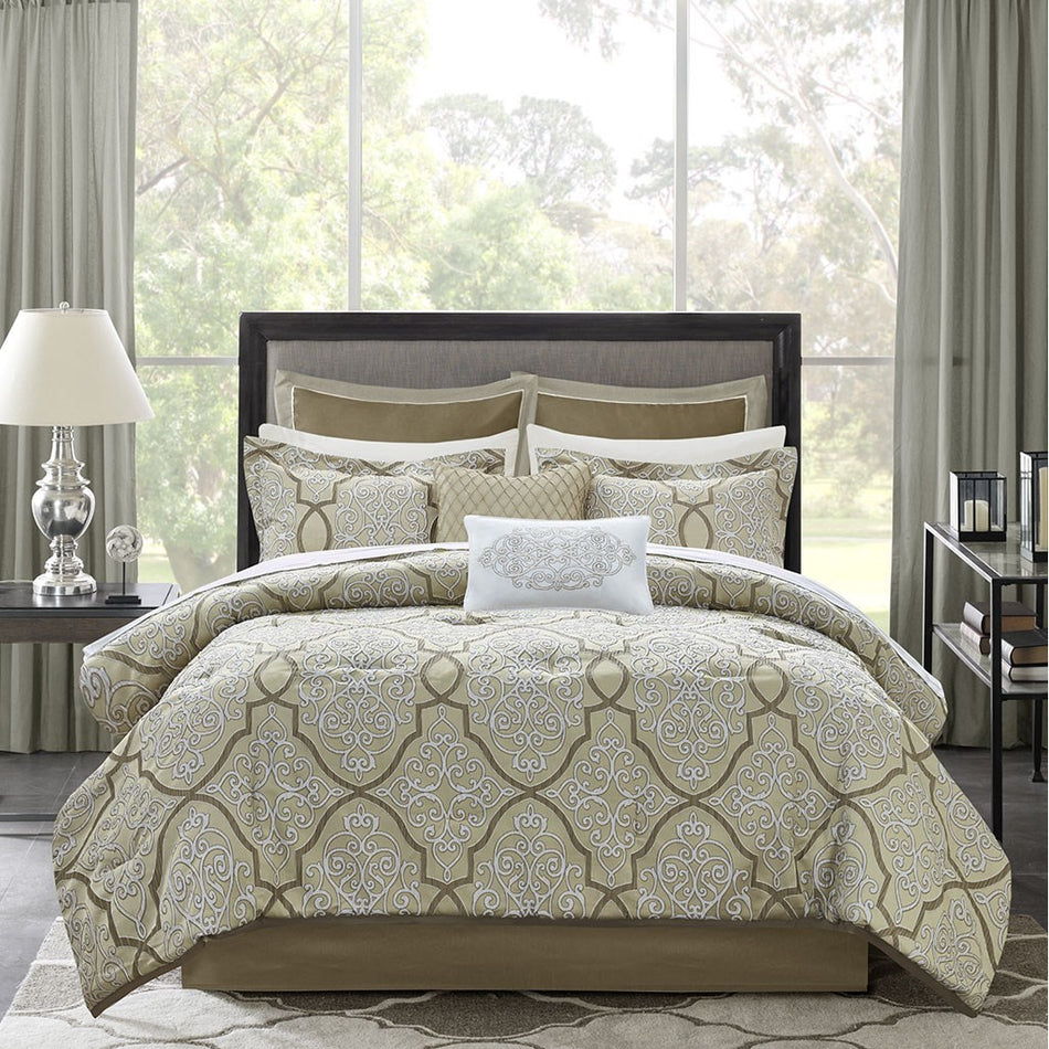 Lavine 12 Piece Complete Bed Set - Gold - Queen Size