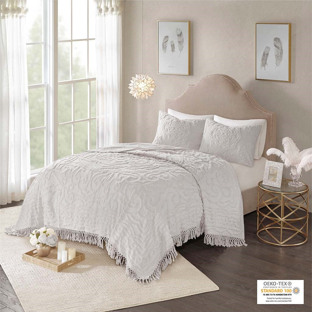 Madison Park Laetitia Tufted Cotton Chenille Medallion Fringe Coverlet Mini Set - Grey - Full Size / Queen Size