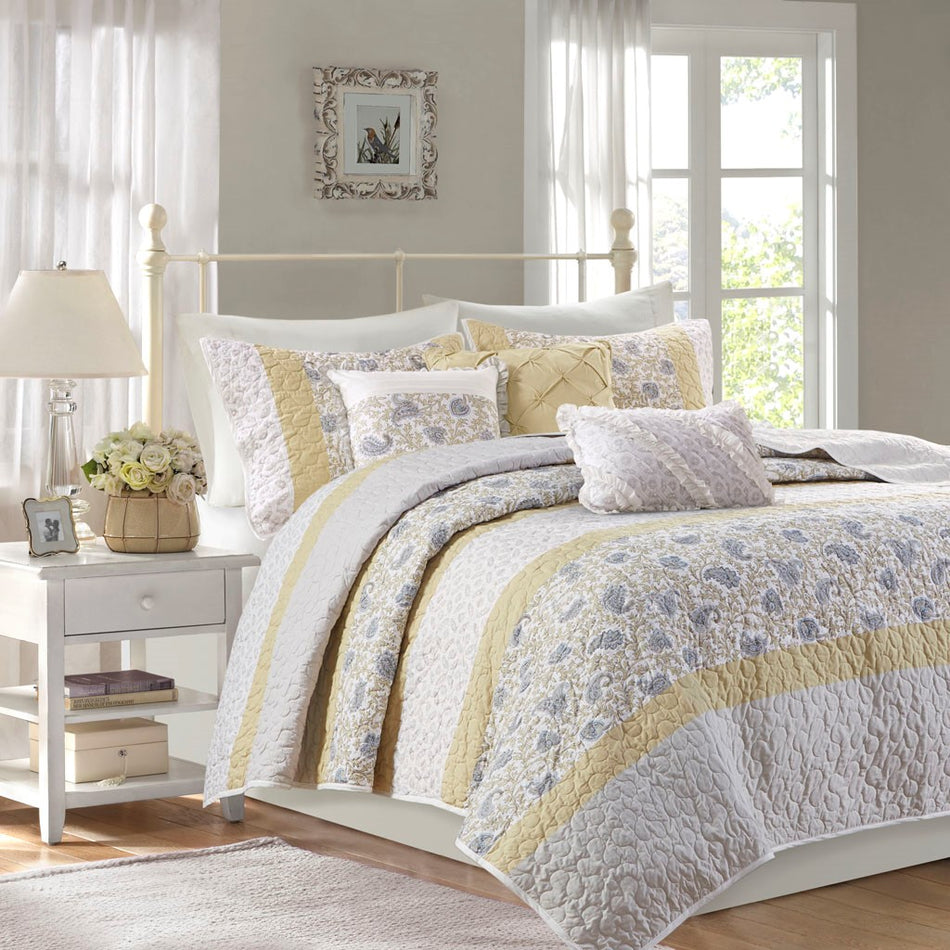 Dawn 6 Piece Cotton Percale Quilt Set with Throw Pillows - Yellow - Full Size / Queen Size