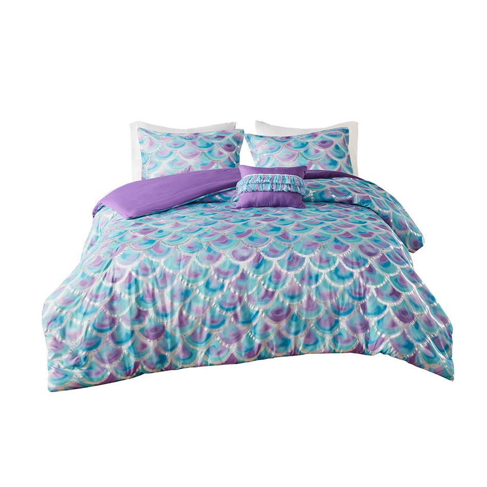 Pearl Metallic Printed Reversible Duvet Cover Set - Teal / Purple - Twin Size / Twin XL Size