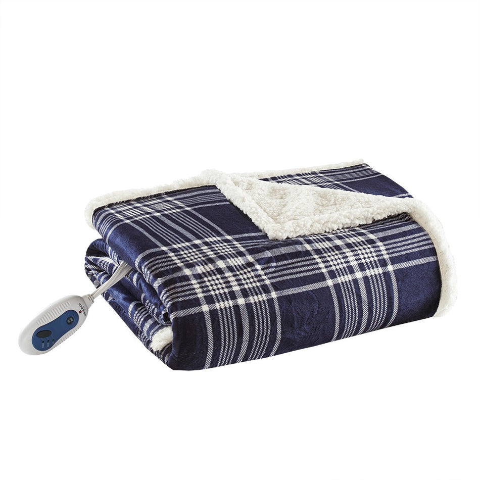 Leeds Oversized Plaid Print Faux Mink to Berber Heated Throw - Navy - 60x70"