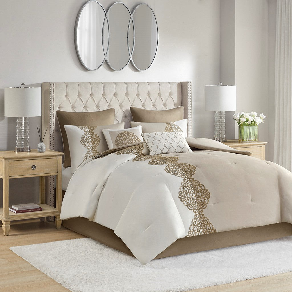 Madison Park Panache 8 Piece Embroidered Microfiber Comforter Set
 - Tan - Queen - MP10-8145