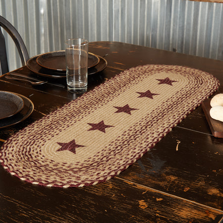 Mayflower Market Burgundy Tan Jute Runner Stencil Stars 13x36 By VHC Brands