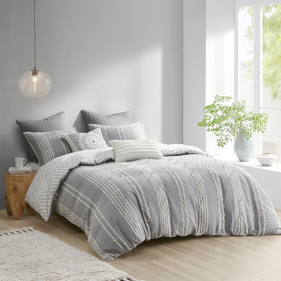 INK+IVY Kara 3 Piece Cotton Jacquard Comforter Set - Gray - King Size / Cal King Size