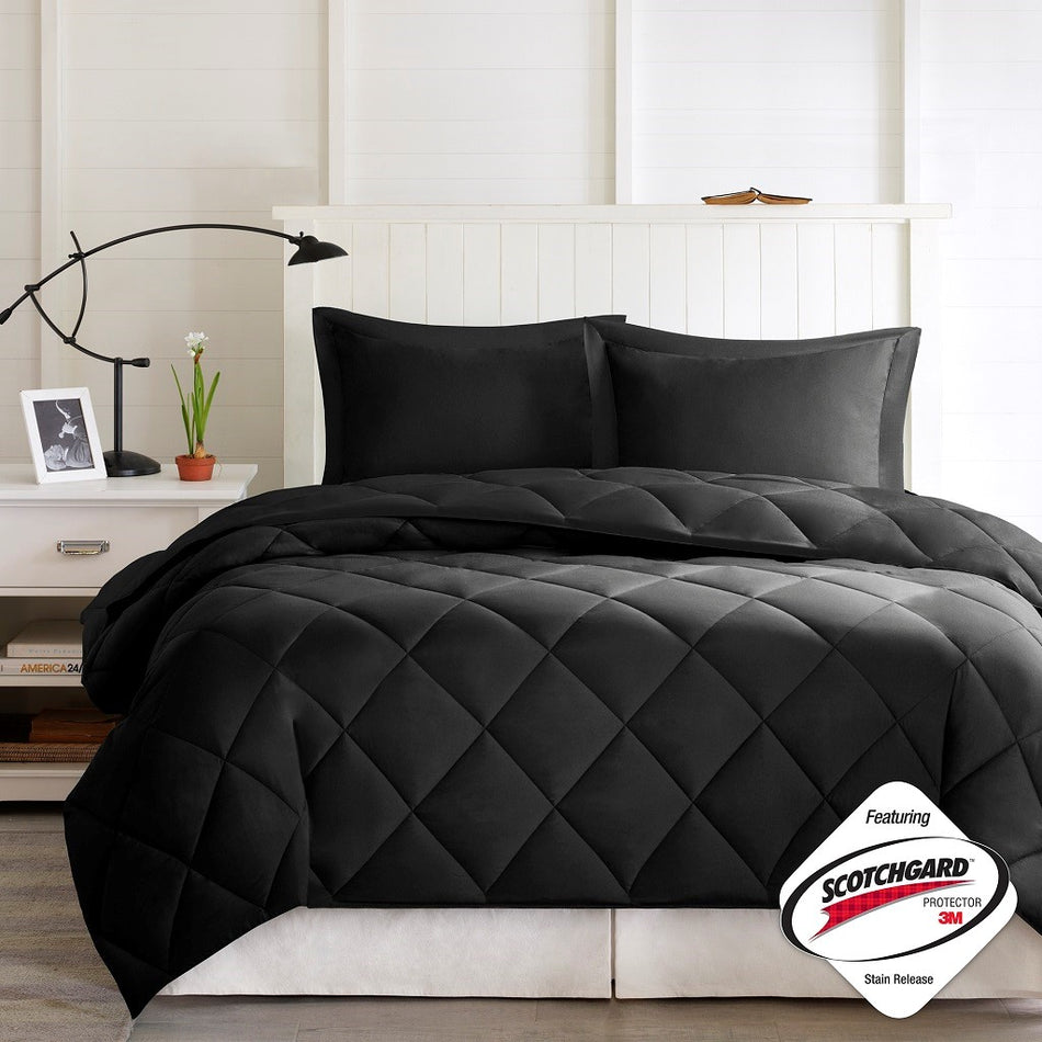 Larkspur 3M Scotchgard Diamond Quilting Reversible Down Alternative Comforter Set - Black / Black - Full Size / Queen Size