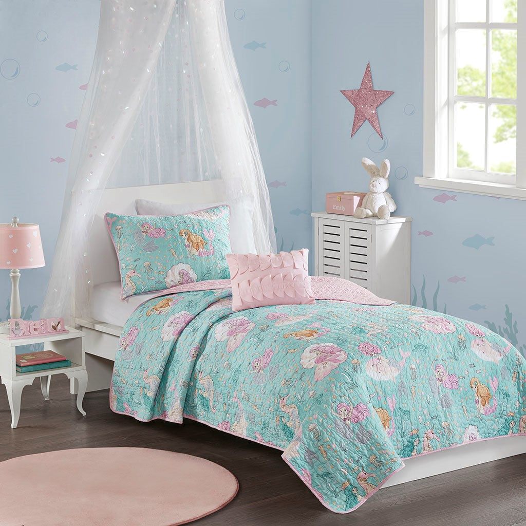 Mi Zone Kids Darya Printed Mermaid Reversible Coverlet Set - Aqua / Pink - Full Size / Queen Size