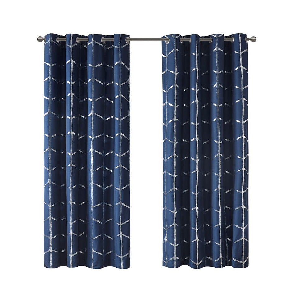 Raina Total Blackout Metallic Print Grommet Top Curtain Panel - Navy - 50x84"