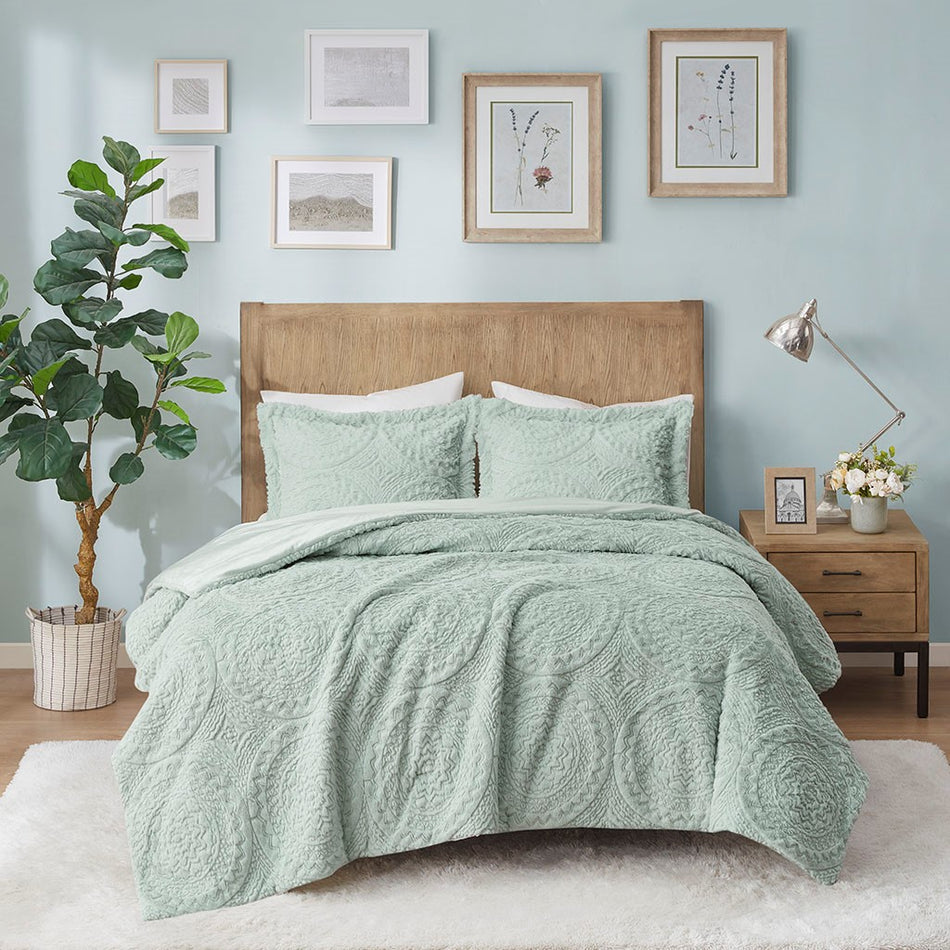 Arya Embroidered Medallion Faux Fur Ultra Plush Comforter Mini Set - Aqua - Full Size / Queen Size