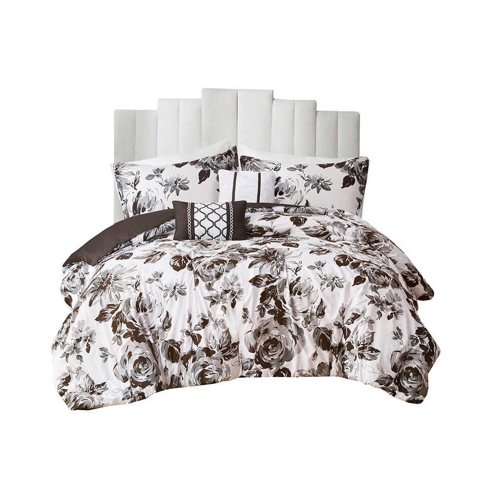 Dorsey Floral Print Comforter Set - Black / White - Full Size / Queen Size