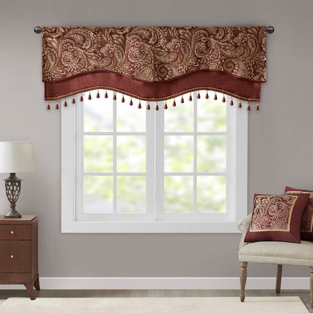 Madison Park Aubrey Jacquard Window Rod Pocket Valance With Beads - Burgundy - 50x18"