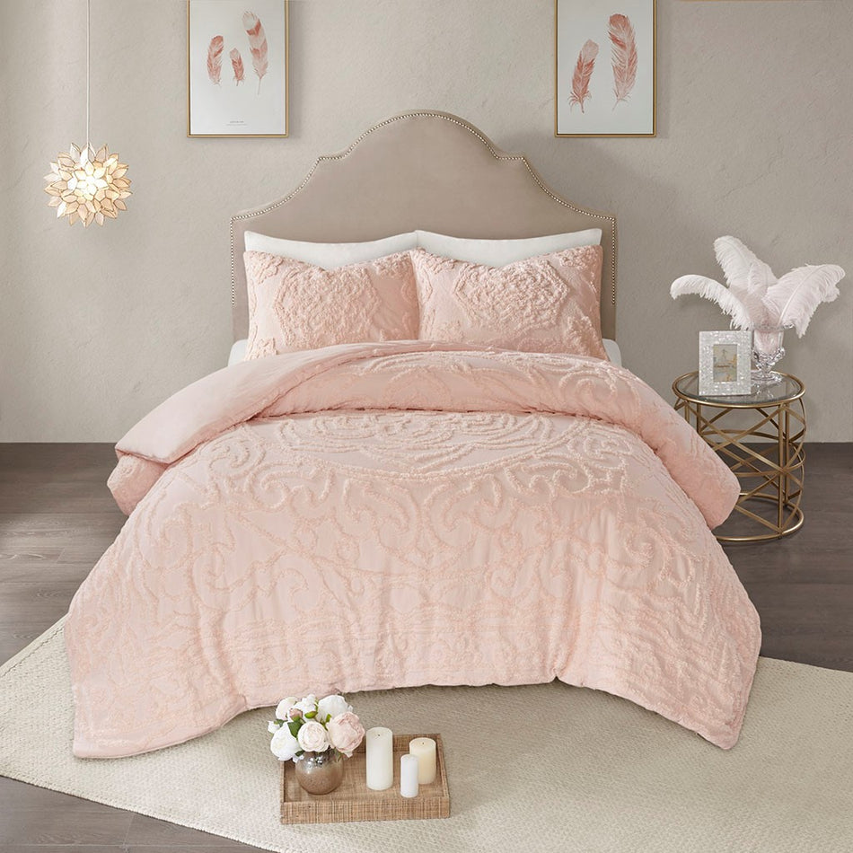 Laetitia 3-Piece Tufted Cotton Chenille Medallion Duvet Cover Set - Blush - Full Size / Queen Size