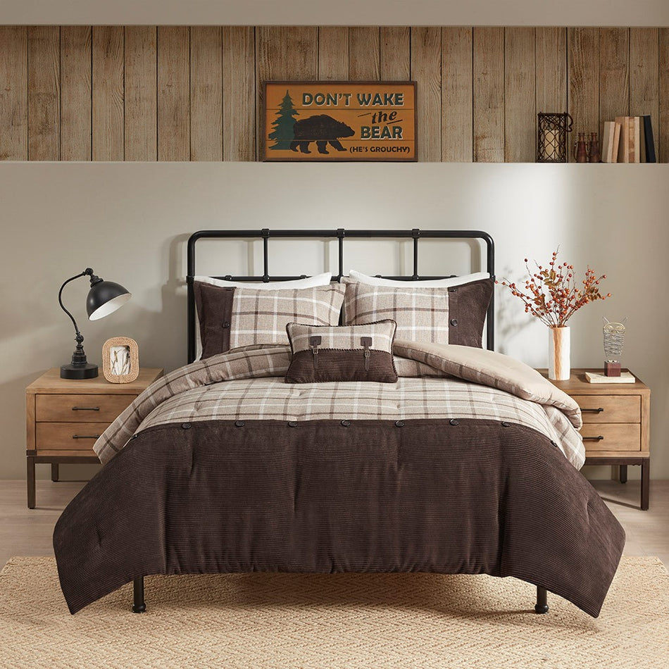 Anaheim 4 Piece Plaid Comforter Set - Tan / Brown - King Size / Cal King Size