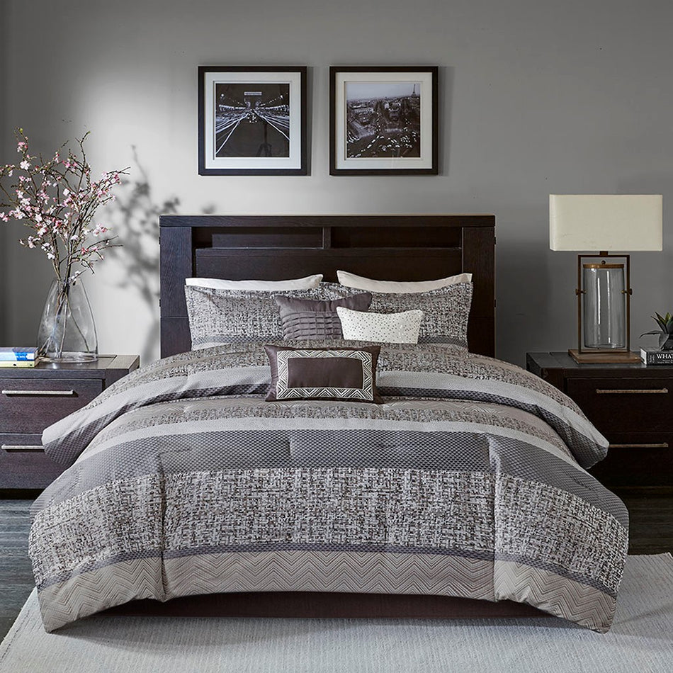 Rhapsody 7 Piece Jacquard Comforter Set - Grey / Taupe - King Size