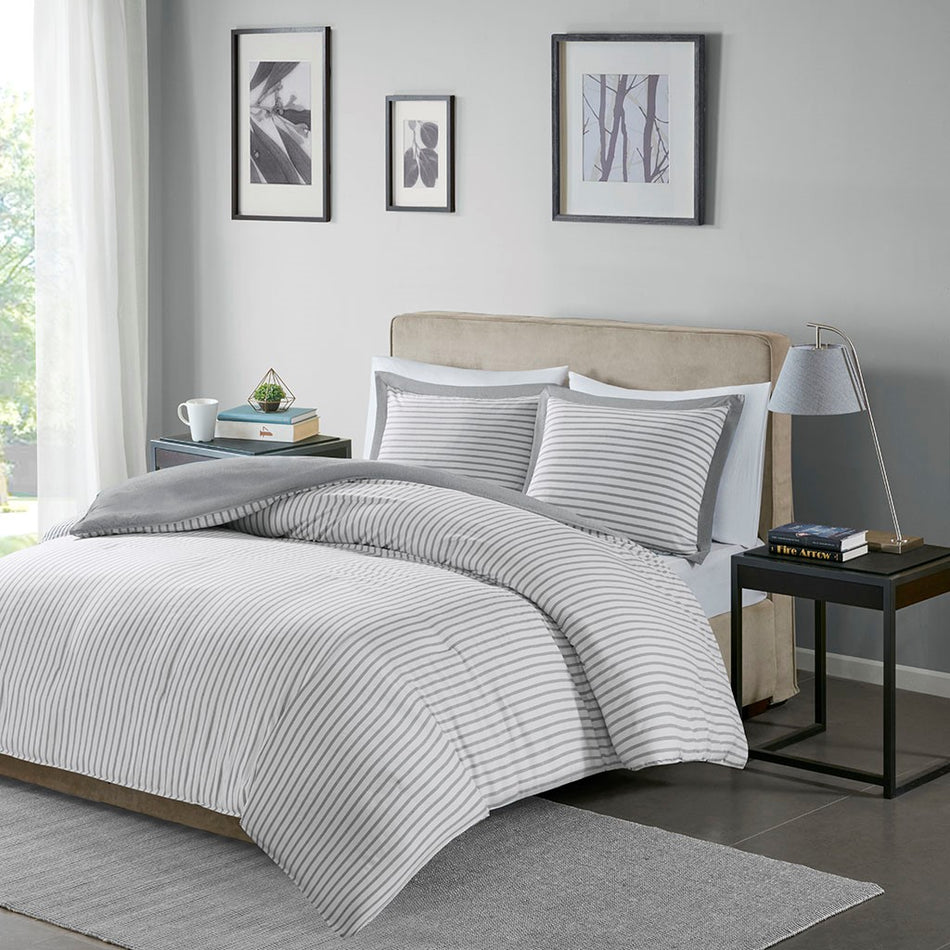 Madison Park Essentials Hayden Reversible Yarn Dyed Stripe Duvet Cover Set - Grey - Full Size / Queen Size