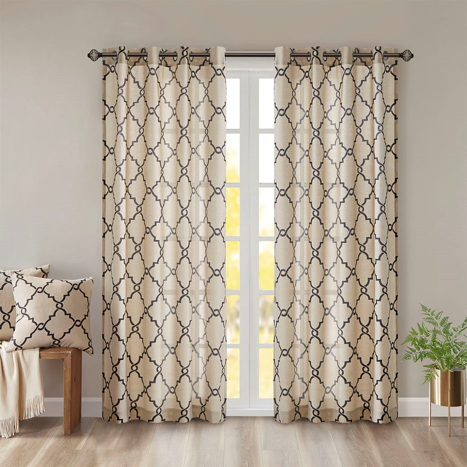 Madison Park Saratoga Fretwork Print Grommet Top Window Curtain - Khaki - 50x63"