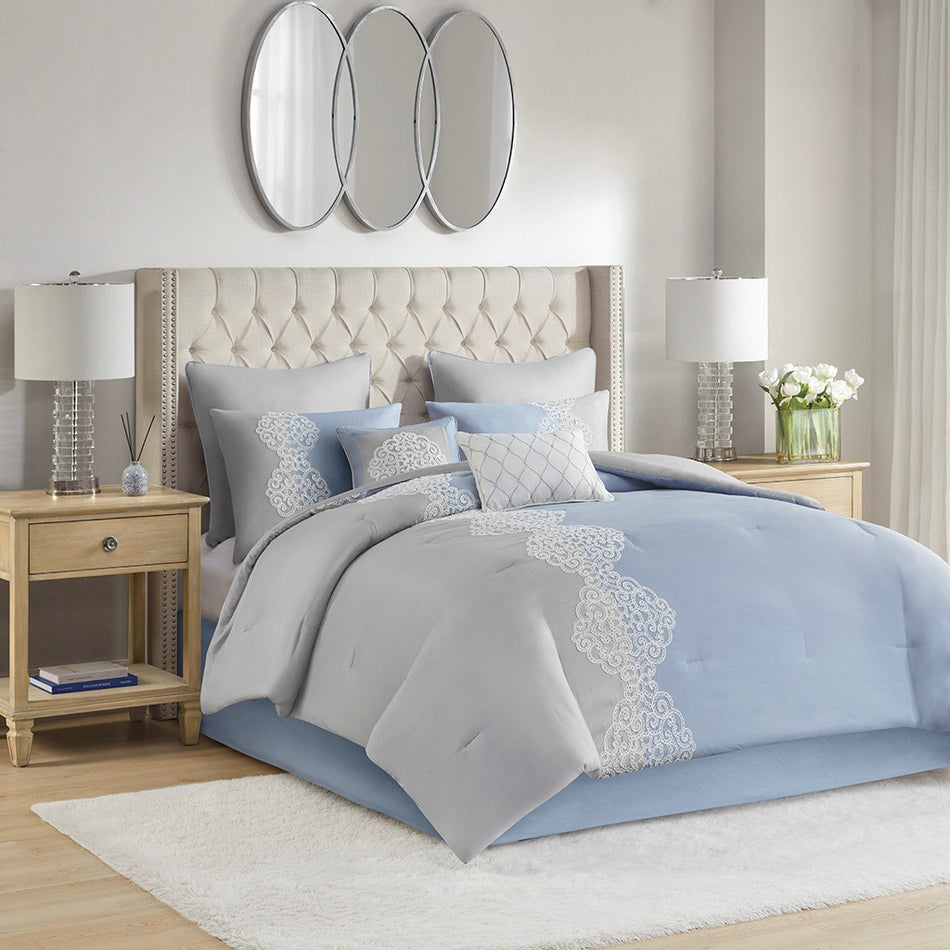 Madison Park Panache 8 Piece Embroidered Microfiber Comforter Set
 - Blue - Cal King - MP10-8142