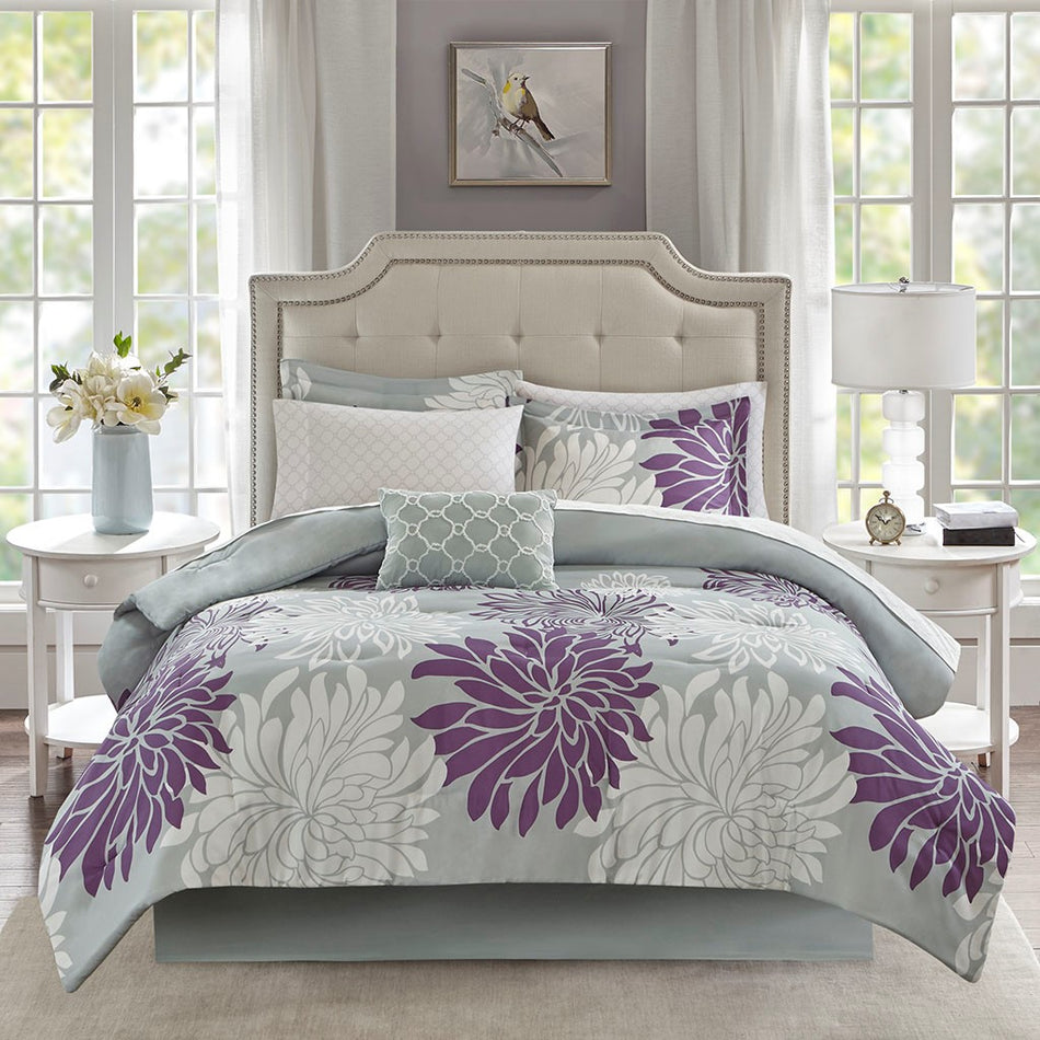 Maible 9 Piece Comforter Set with Cotton Bed Sheets - Purple - Full Size