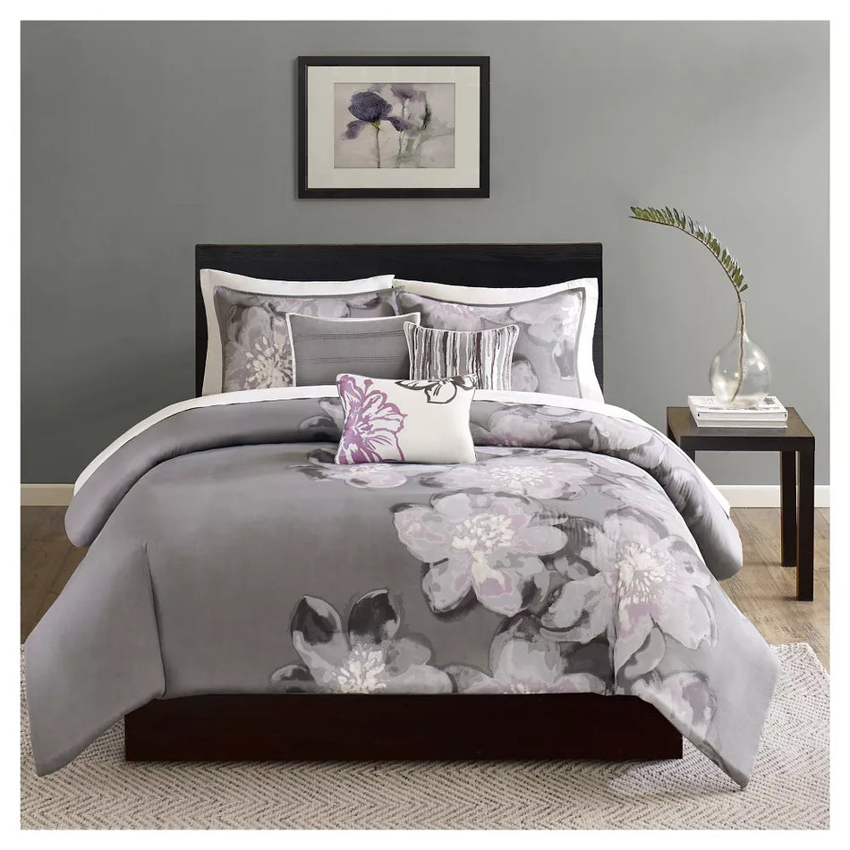 Serena 6 Piece Printed Duvet Cover Set - Grey - King Size