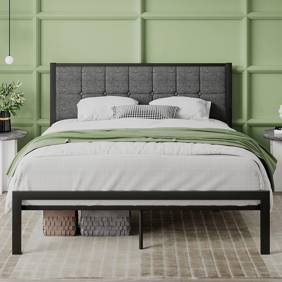 Queen Metal Platform Bed Frame with Gray Button Tufted Upholstered Headboard