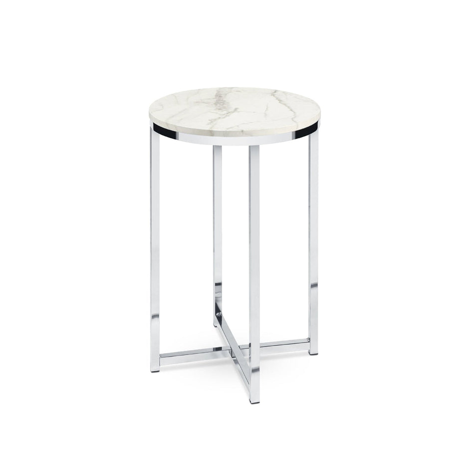 Round Cross Leg Design Coffee Side Table Nightstand with Faux Marble Top White/Chrome