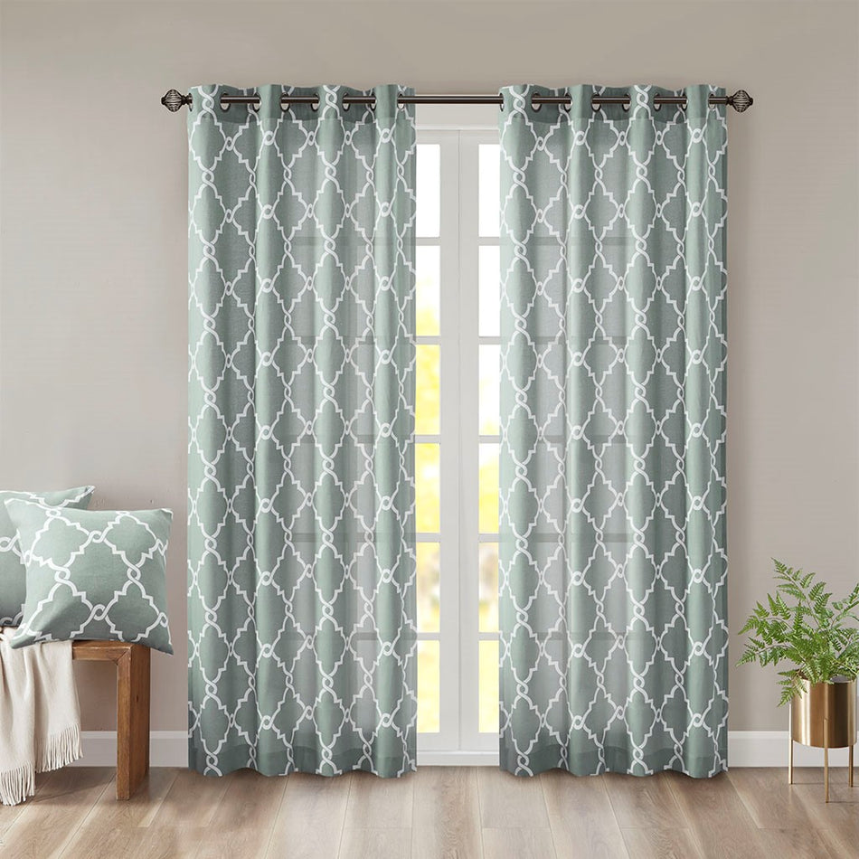 Madison Park Saratoga Fretwork Print Grommet Top Window Curtain - Seafoam - 50x84"