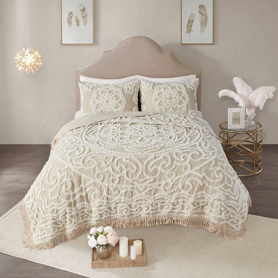 Laetitia Tufted Cotton Chenille Medallion Fringe Coverlet Mini Set - Taupe - Full Size / Queen Size