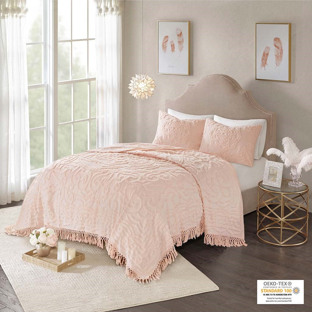 Madison Park Laetitia Tufted Cotton Chenille Medallion Fringe Coverlet Mini Set - Blush - King Size / Cal King Size