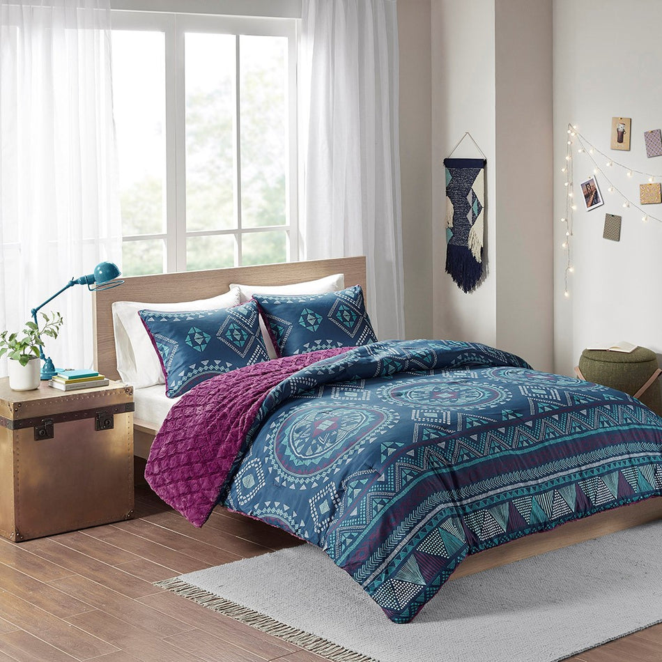 Intelligent Design Ripley Reversible Comforter Mini Set - Navy / Purple - Full Size / Queen Size