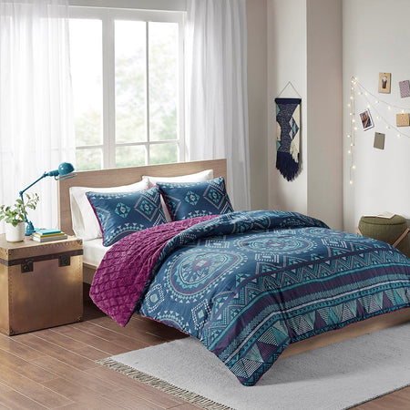 Intelligent Design Ripley Reversible Comforter Mini Set - Navy / Purple - Twin Size