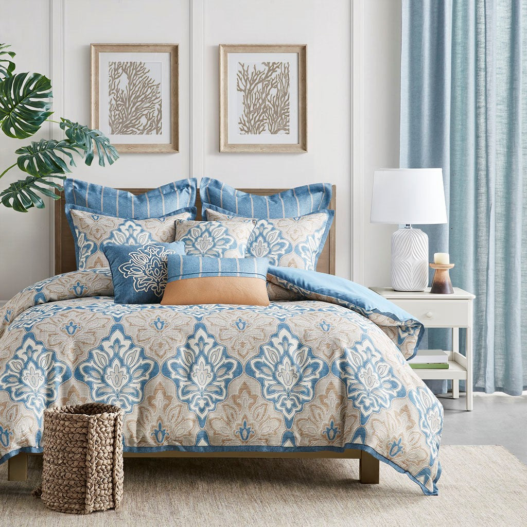 Madison Park Signature Caspian 9 Piece Medallion Print Comforter Set - Blue - King Size