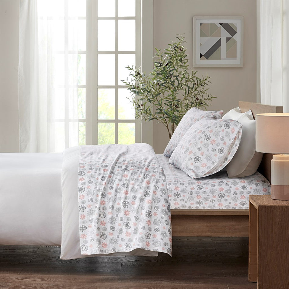 True North by Sleep Philosophy Cozy Cotton Flannel Printed Sheet Set - Pink / Grey Snowflakes  - Queen Size Shop Online & Save - expresshomedirectr.com